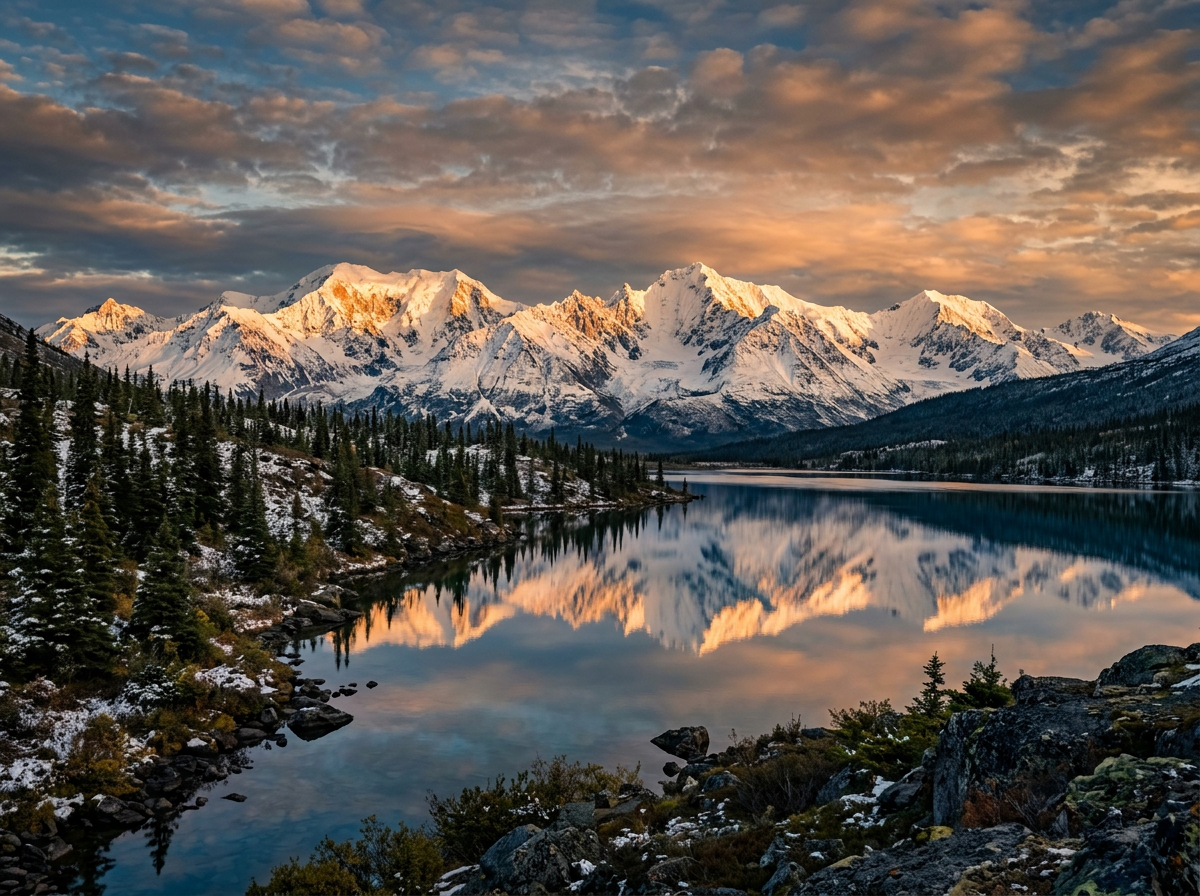 Golden hour view of northern mountain peaks reflected in an alpine lake